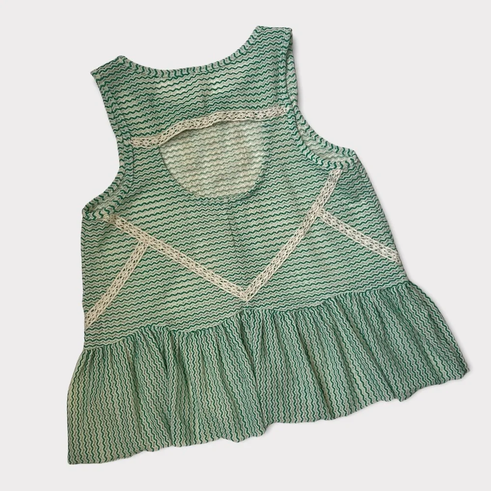 Free People Crochet Sheer Tank Top With Peplum and Back Cut Out Green & Cream - Picture 2 of 7